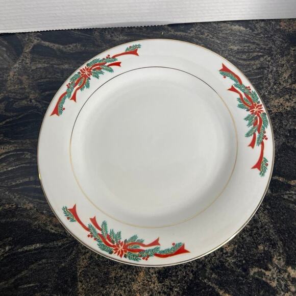 ˚₊‧꒰ა ☆ ໒꒱ ‧₊˚ Tienshan Poinsettia & Ribbons Christmas Plates & Cup (5B-101) - Picture 2 of 8